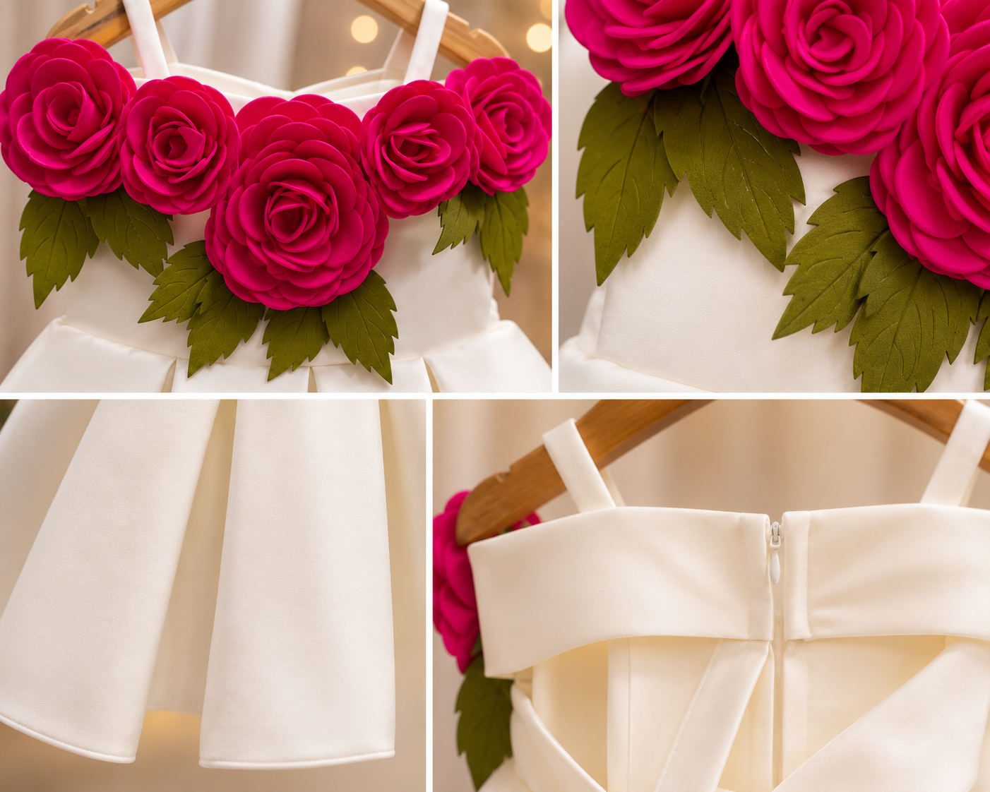 Elegant Ivory High-Low Party Dress with 3D Red Rose Floral Bodice for Girls
