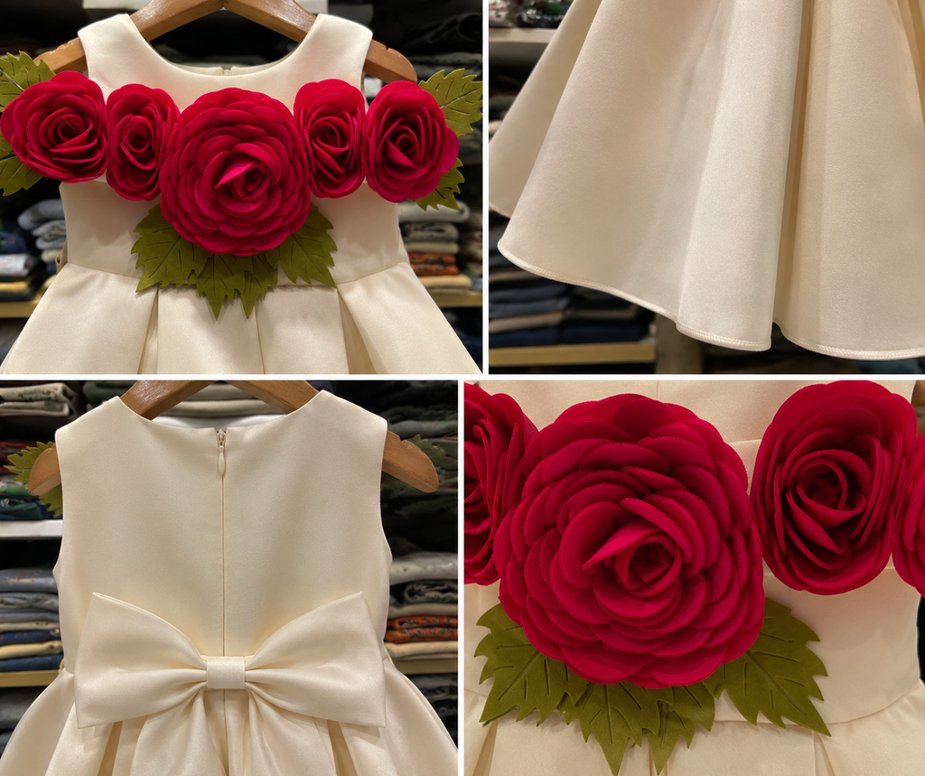 Girls’ Ivory Satin Party Dress with 3D Fuchsia Rose Appliqué