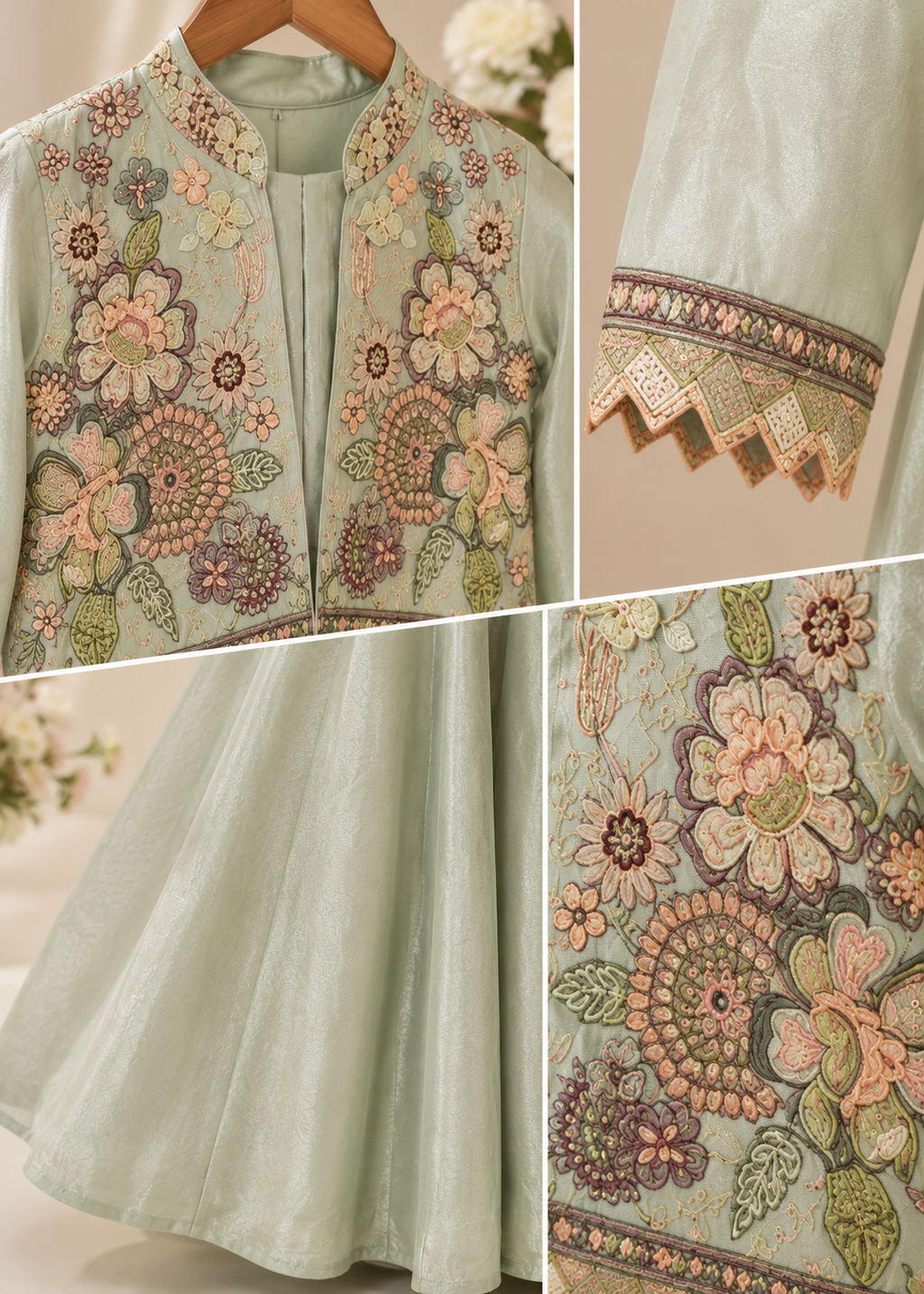 Sage Green Embroidered Jacket with Flared Palazzo Set for Girls