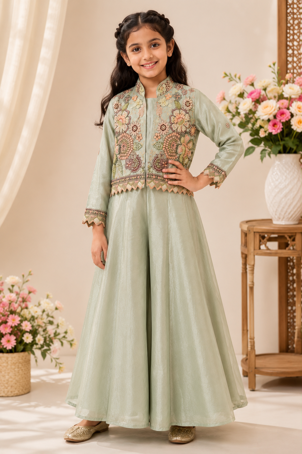 Sage Green Embroidered Jacket with Flared Palazzo Set for Girls