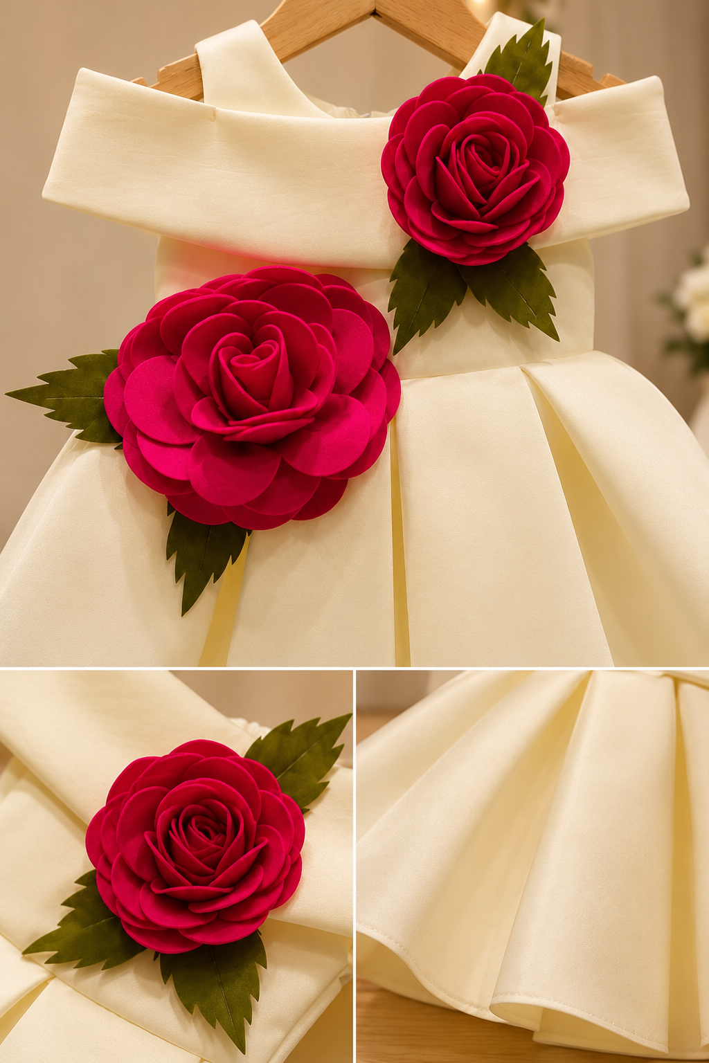 Girls’ Elegant Ivory Party Dress with 3D Rose Appliqué | Premium Satin Frock for Birthday, Wedding & Special Occasions