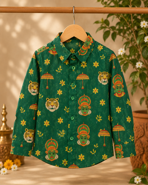 Boys’ Green Traditional Print Full Sleeve Party Shirt | Ethnic Festive Wear