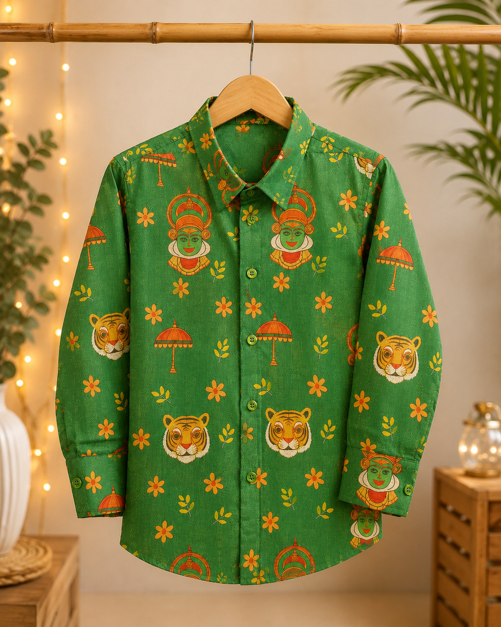 Boys Green Kerala Kathakali & Tiger Print Full Sleeve Cotton Blend Shirt