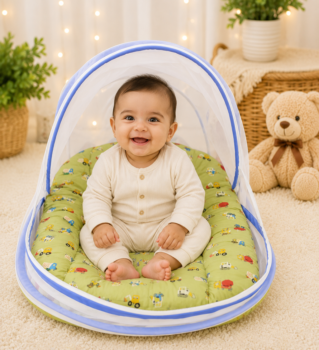 Premium Foldable Baby Mosquito Net Bed with Cushioned Mattress | Portable Newborn Baby Sleeping Nest | Construction Vehicle Print