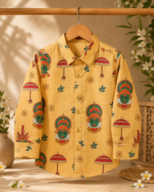 Boys’ Beige Ethnic Print Full Sleeve Party Shirt | Traditional Festive Wear