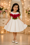 Girls’ White Floral Party Dress with 3D Rose Appliqué