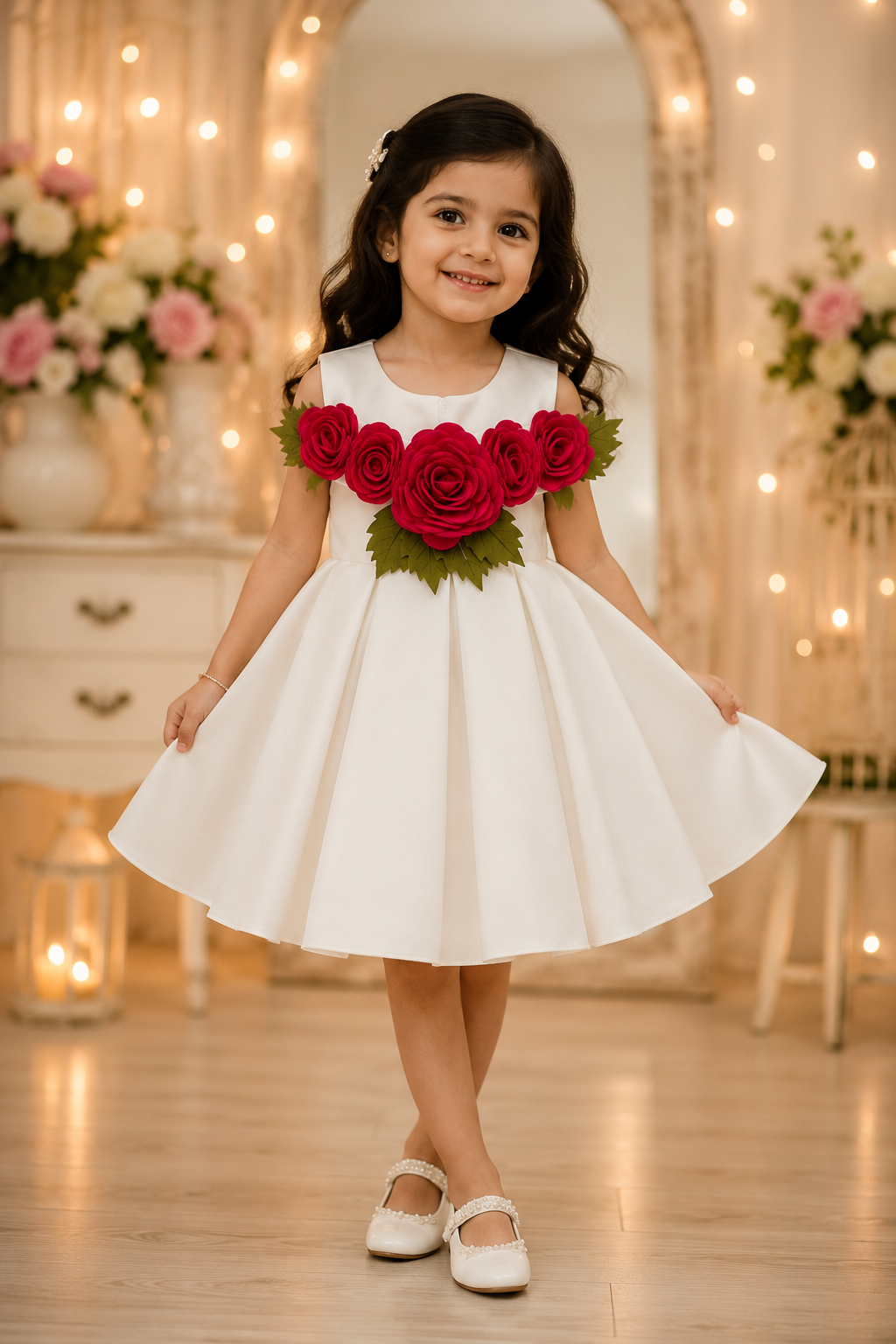 Girls’ White Floral Party Dress with 3D Rose Appliqué