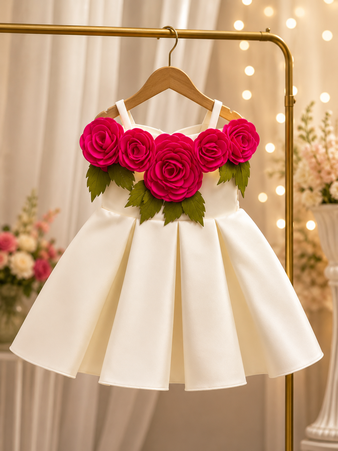 Elegant Ivory High-Low Party Dress with 3D Red Rose Floral Bodice for Girls