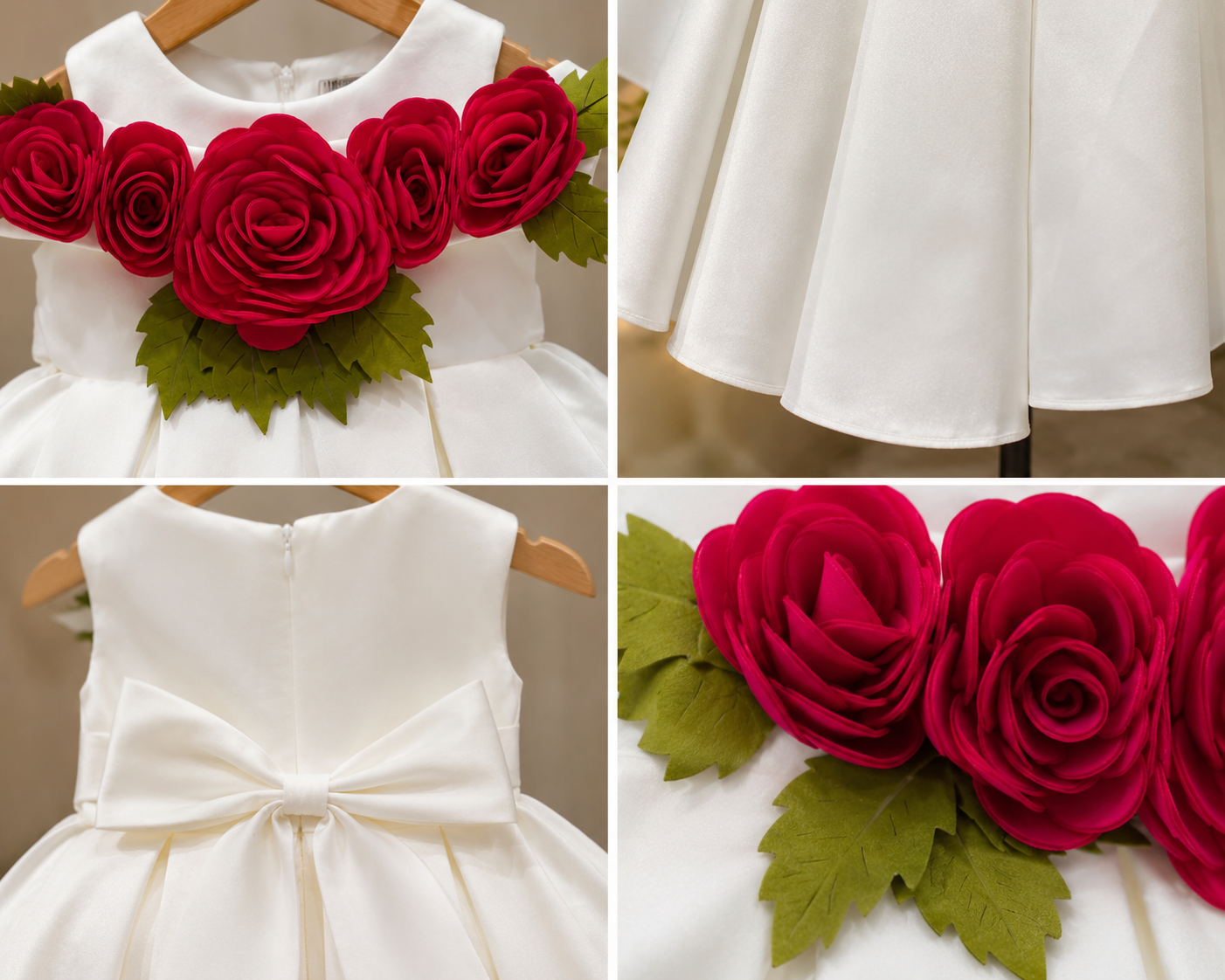 Girls’ White Floral Party Dress with 3D Rose Appliqué