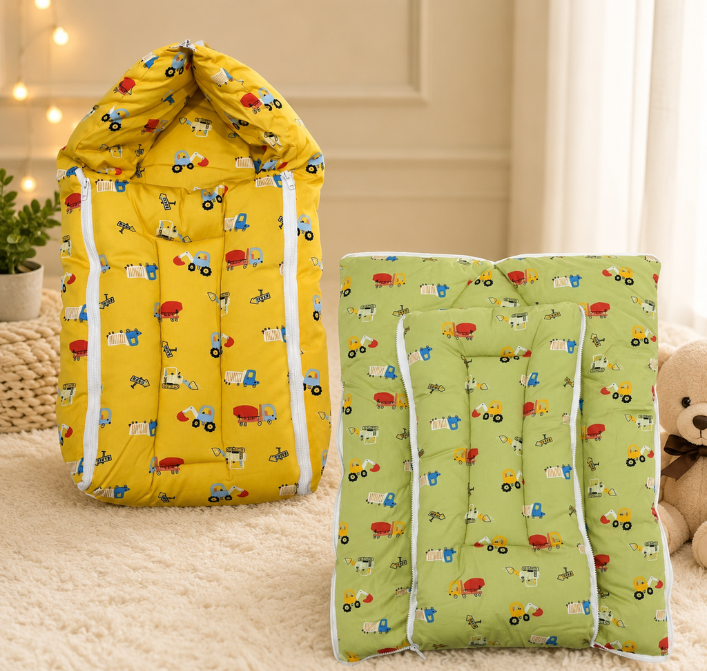 Premium Baby Sleeping Bag & Carry Nest with Hood | Soft Quilted Newborn Baby Wrapper | Construction Vehicle Print