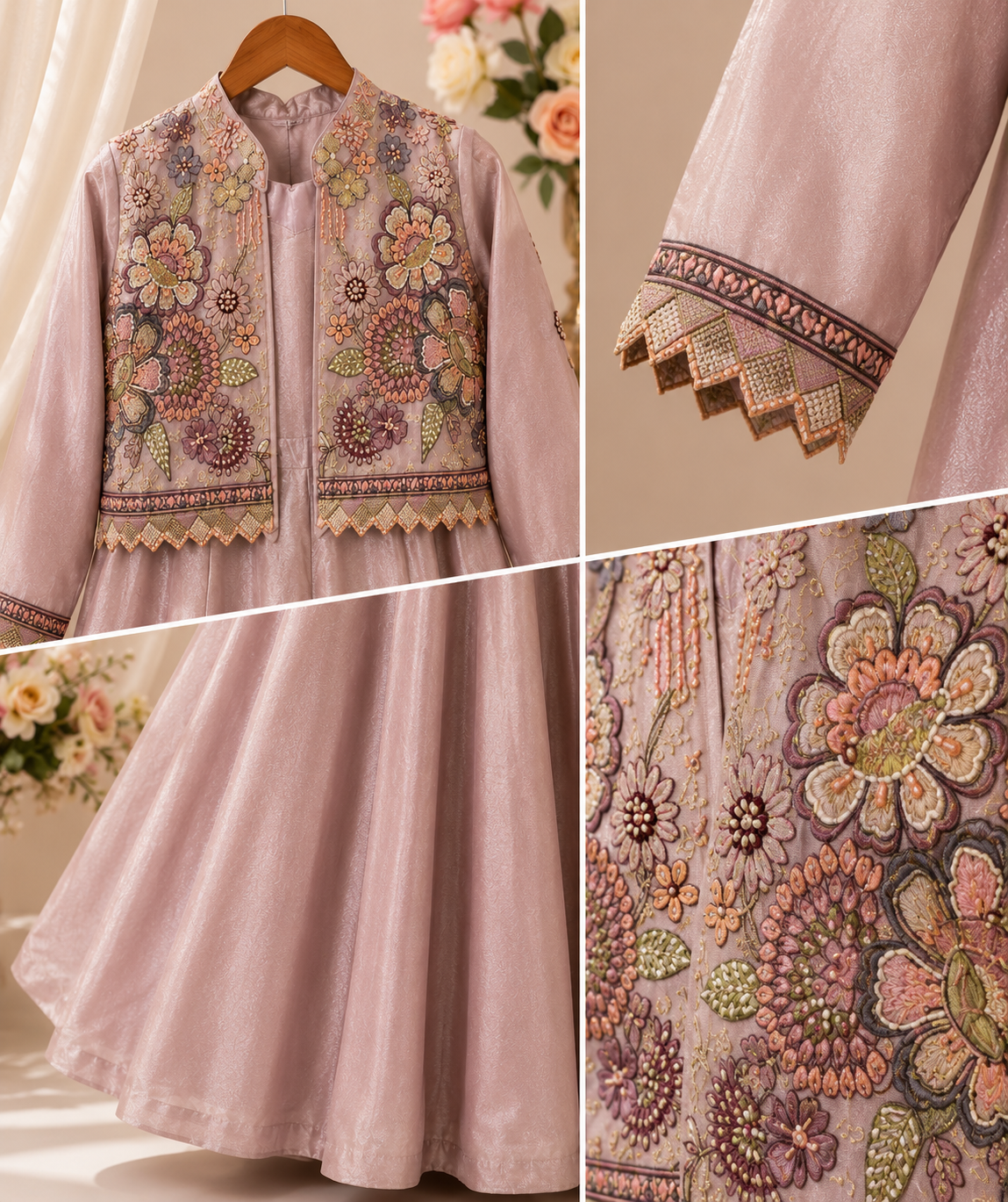 Blush Pink Embroidered Jacket with Flared Palazzo Set for Girls