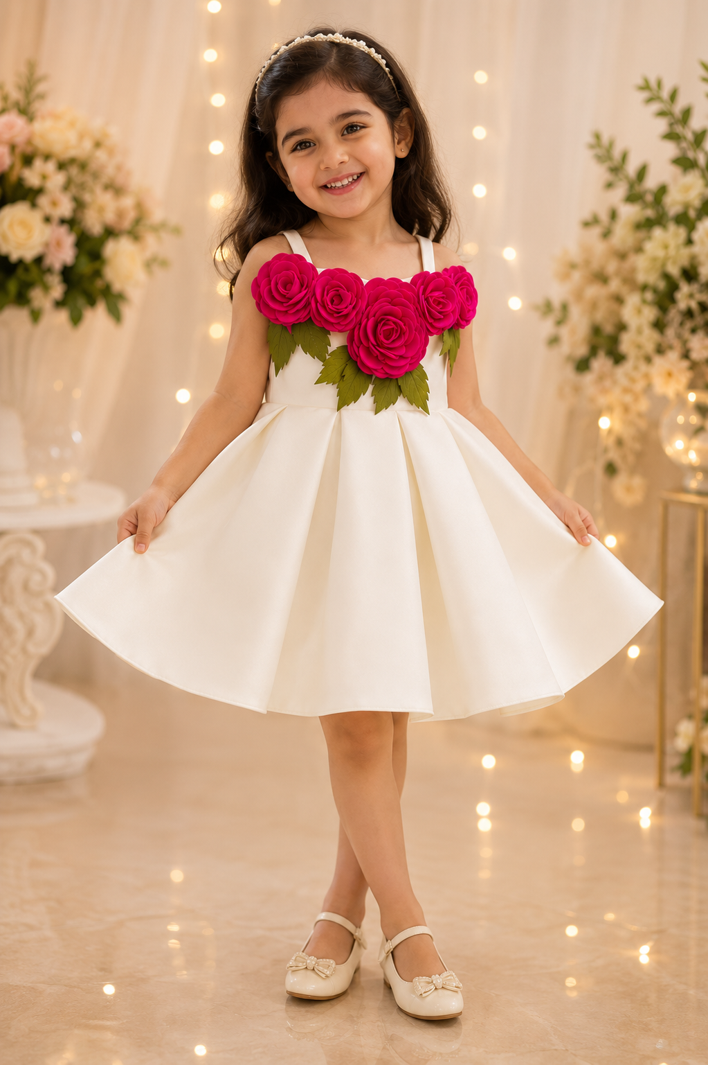 Elegant Ivory High-Low Party Dress with 3D Red Rose Floral Bodice for Girls
