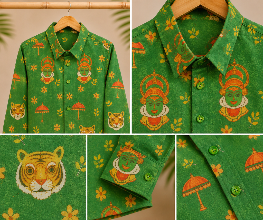 Boys Green Kerala Kathakali & Tiger Print Full Sleeve Cotton Blend Shirt
