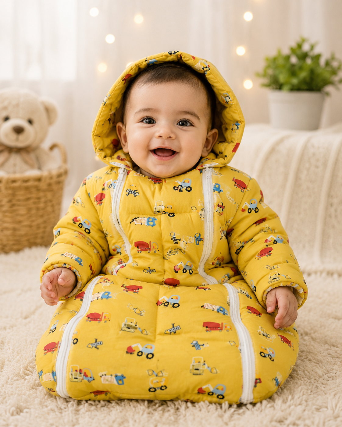 Premium Baby Sleeping Bag & Carry Nest with Hood | Soft Quilted Newborn Baby Wrapper | Construction Vehicle Print