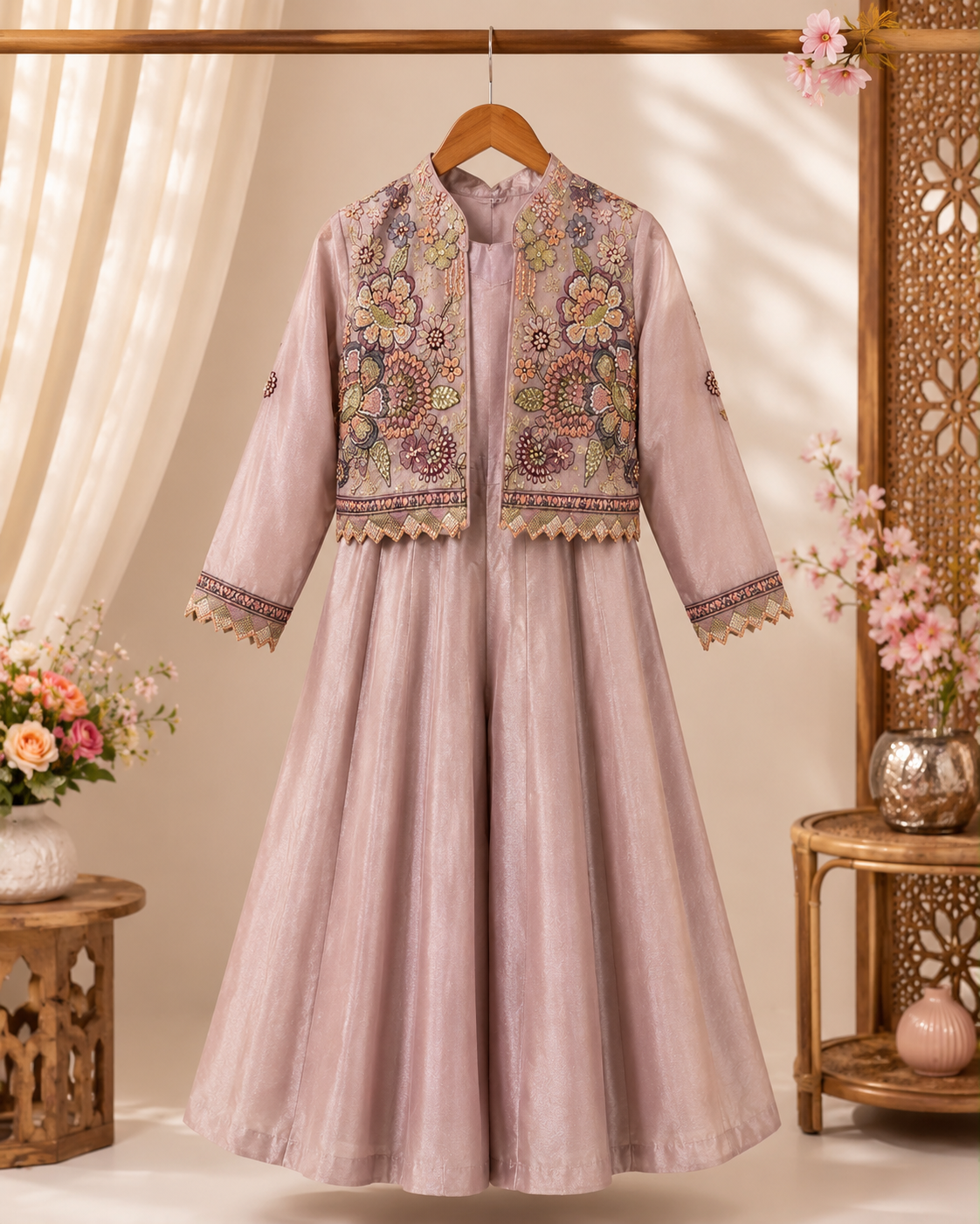 Blush Pink Embroidered Jacket with Flared Palazzo Set for Girls