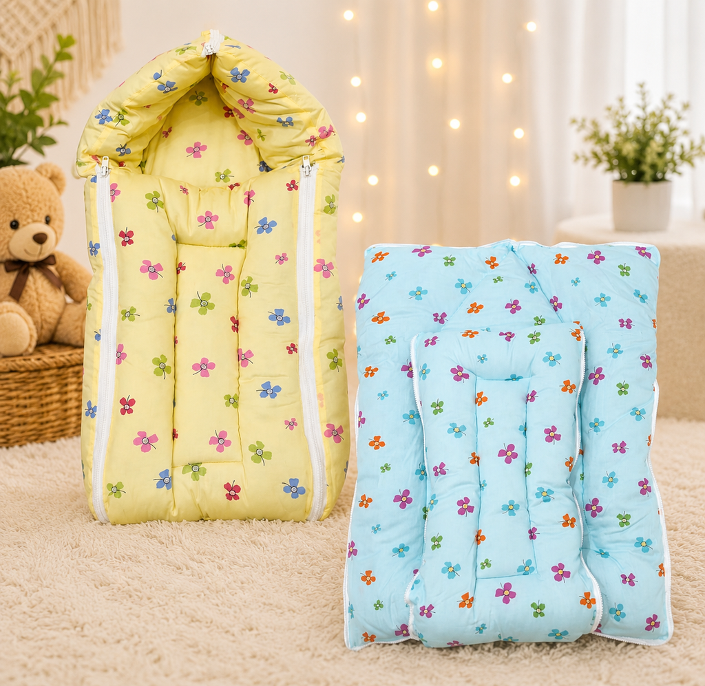 Premium Floral Newborn Baby Sleeping Bag & Carry Nest | Soft Quilted Hooded Baby Wrapper | 2-in-1 Baby Bed & Sleeping Bag