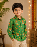 Boys Green Kerala Kathakali & Tiger Print Full Sleeve Cotton Blend Shirt