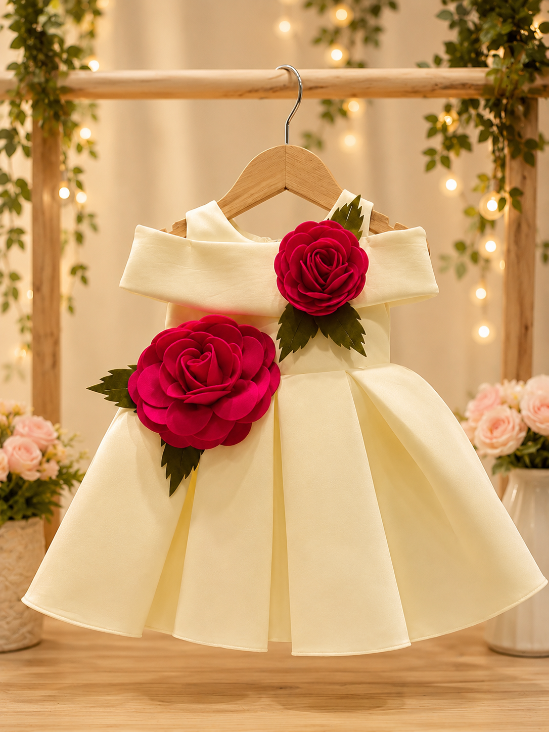 Girls’ Elegant Ivory Party Dress with 3D Rose Appliqué | Premium Satin Frock for Birthday, Wedding & Special Occasions
