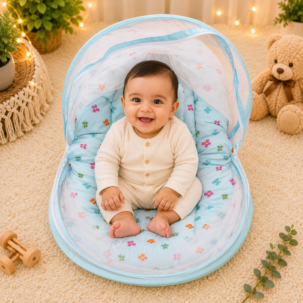 Premium Foldable Baby Mosquito Net Bed with Soft Cushioned Mattress | Portable Newborn Baby Sleeping Nest | Floral Print