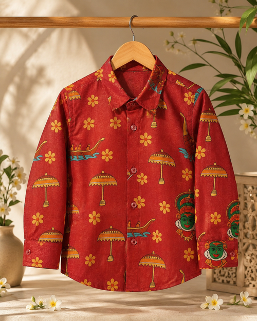Boys’ Red Traditional Print Full Sleeve Party Shirt | Ethnic Festive Wear