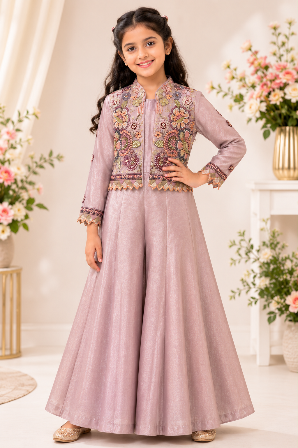 Blush Pink Embroidered Jacket with Flared Palazzo Set for Girls