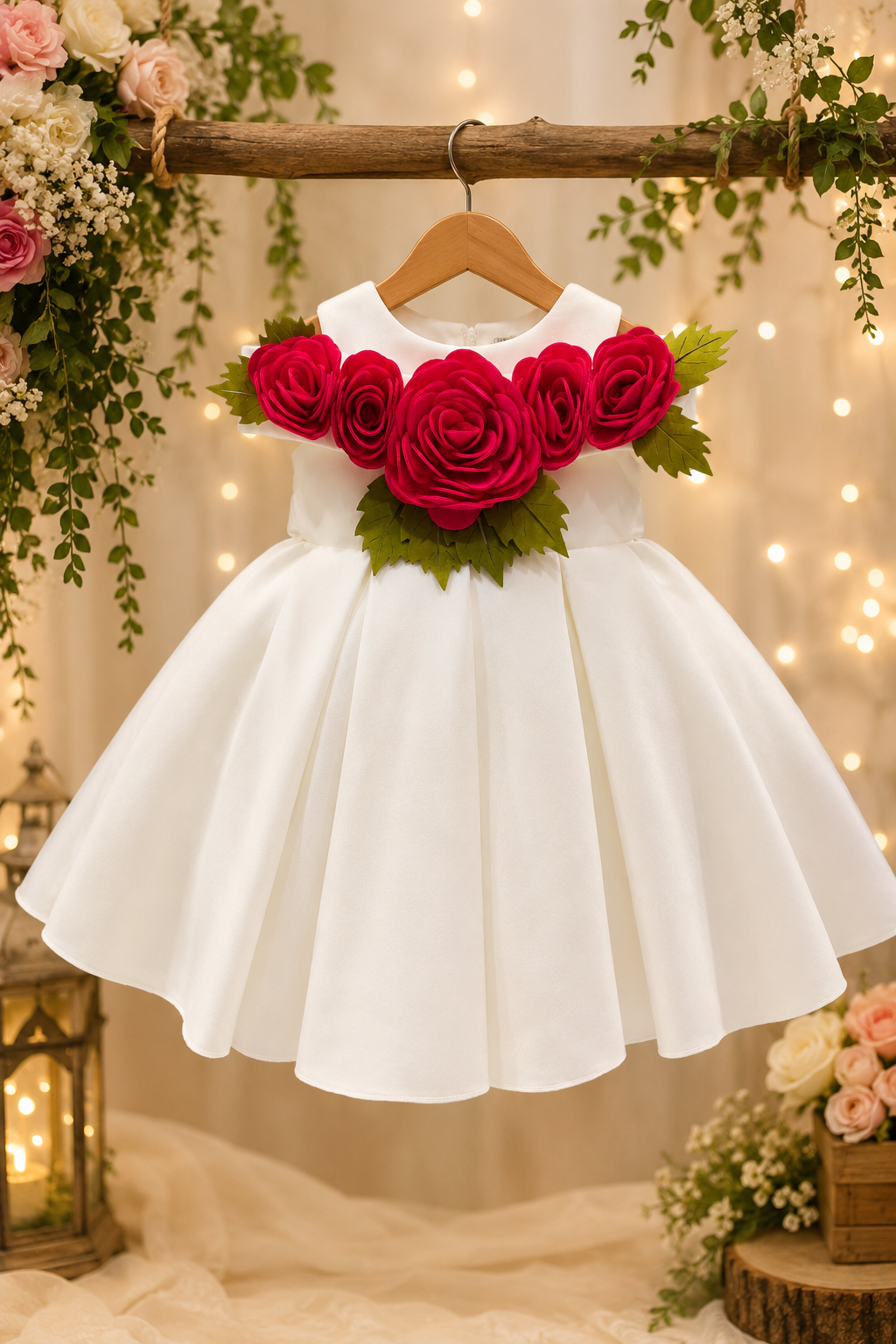 Girls’ White Floral Party Dress with 3D Rose Appliqué