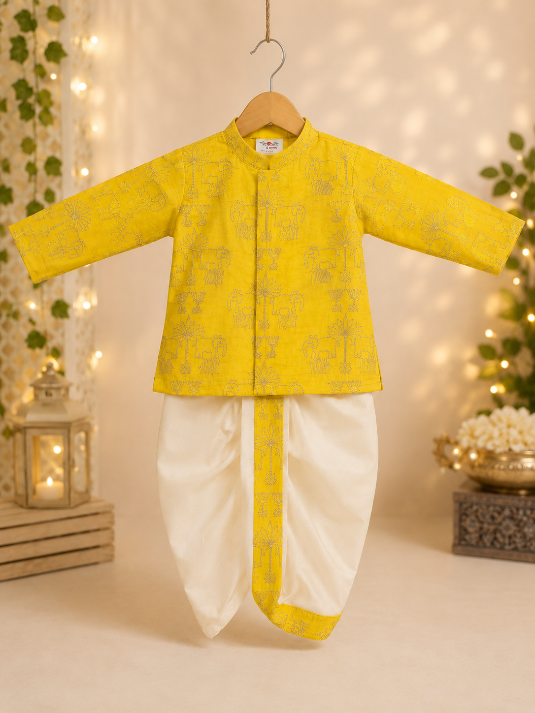 Boys Yellow Embroidered Kurta & Dhoti Set with Intricate Silver Motif Work