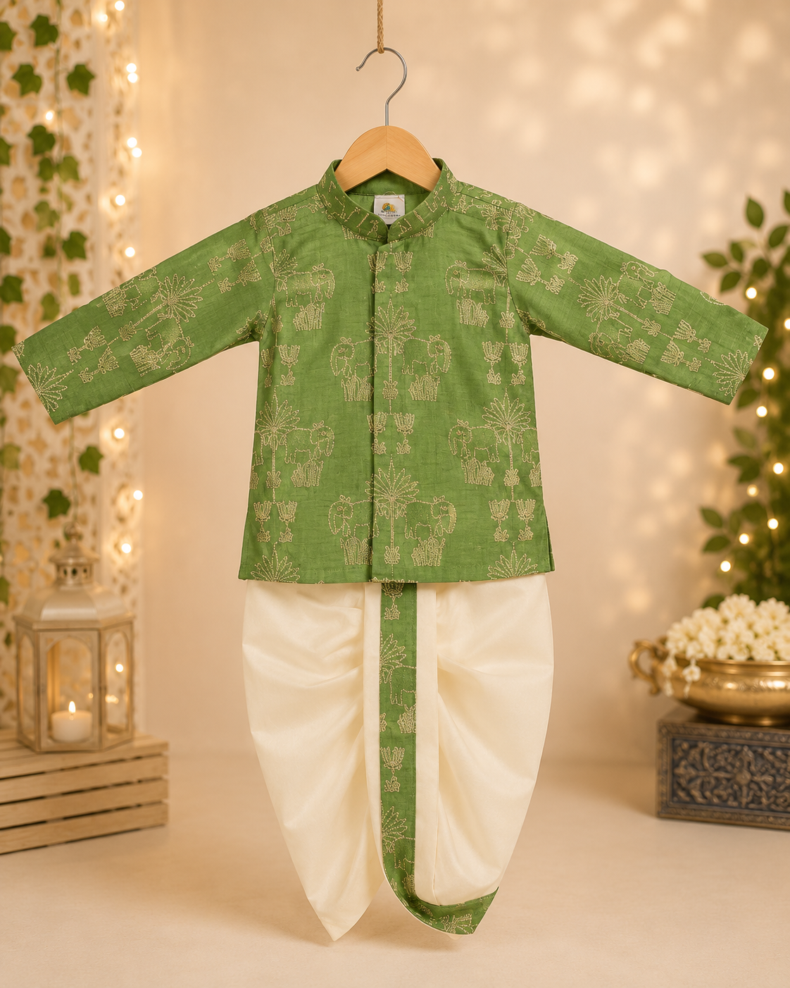 Boys Olive Green Embroidered Kurta & Dhoti Set with Traditional Elephant Motifs