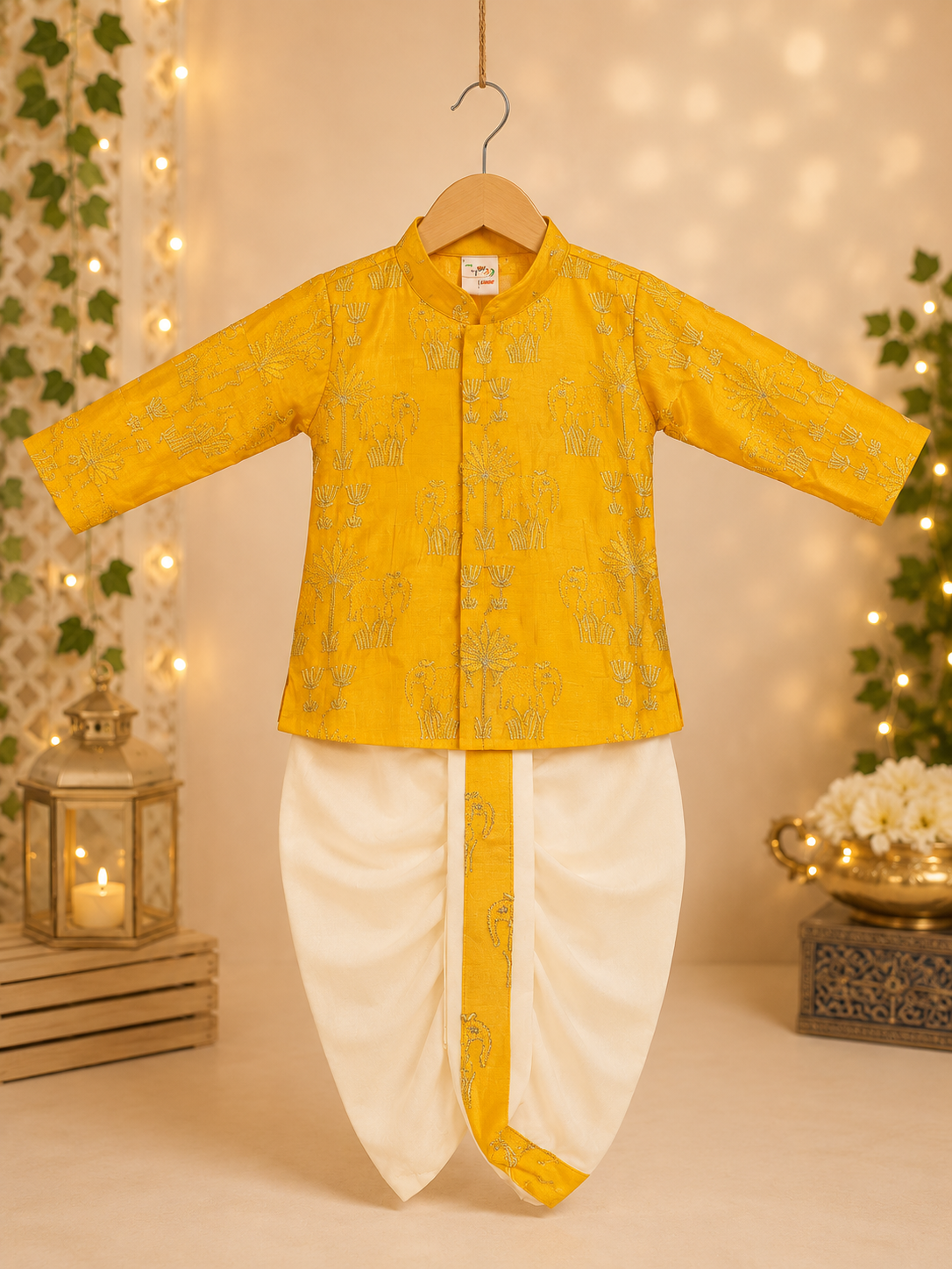 Boys Mustard Yellow Embroidered Kurta & Dhoti Set with Traditional Elephant Motif