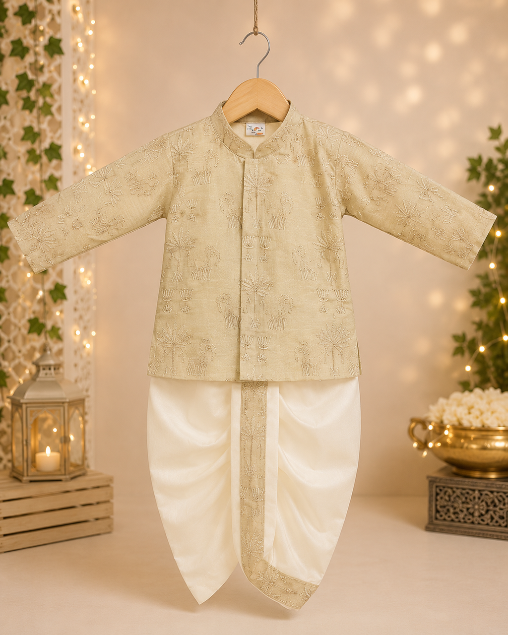 Boys Ivory Embroidered Kurta & Dhoti Set with Elegant Traditional Motifs