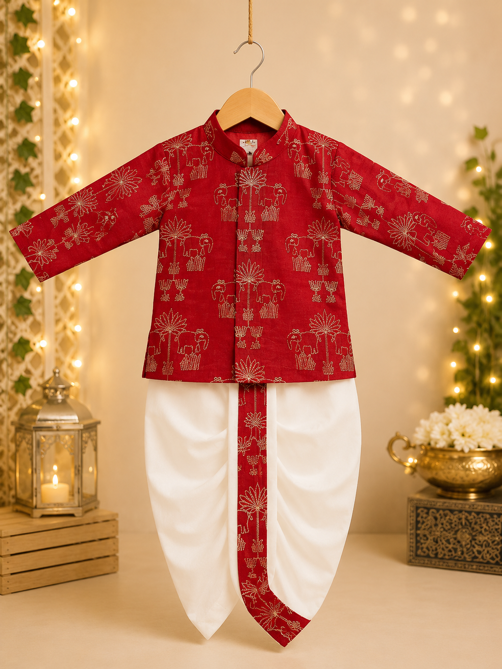 Boys Ruby Red Embroidered Kurta & Dhoti Set with Traditional Elephant Motifs