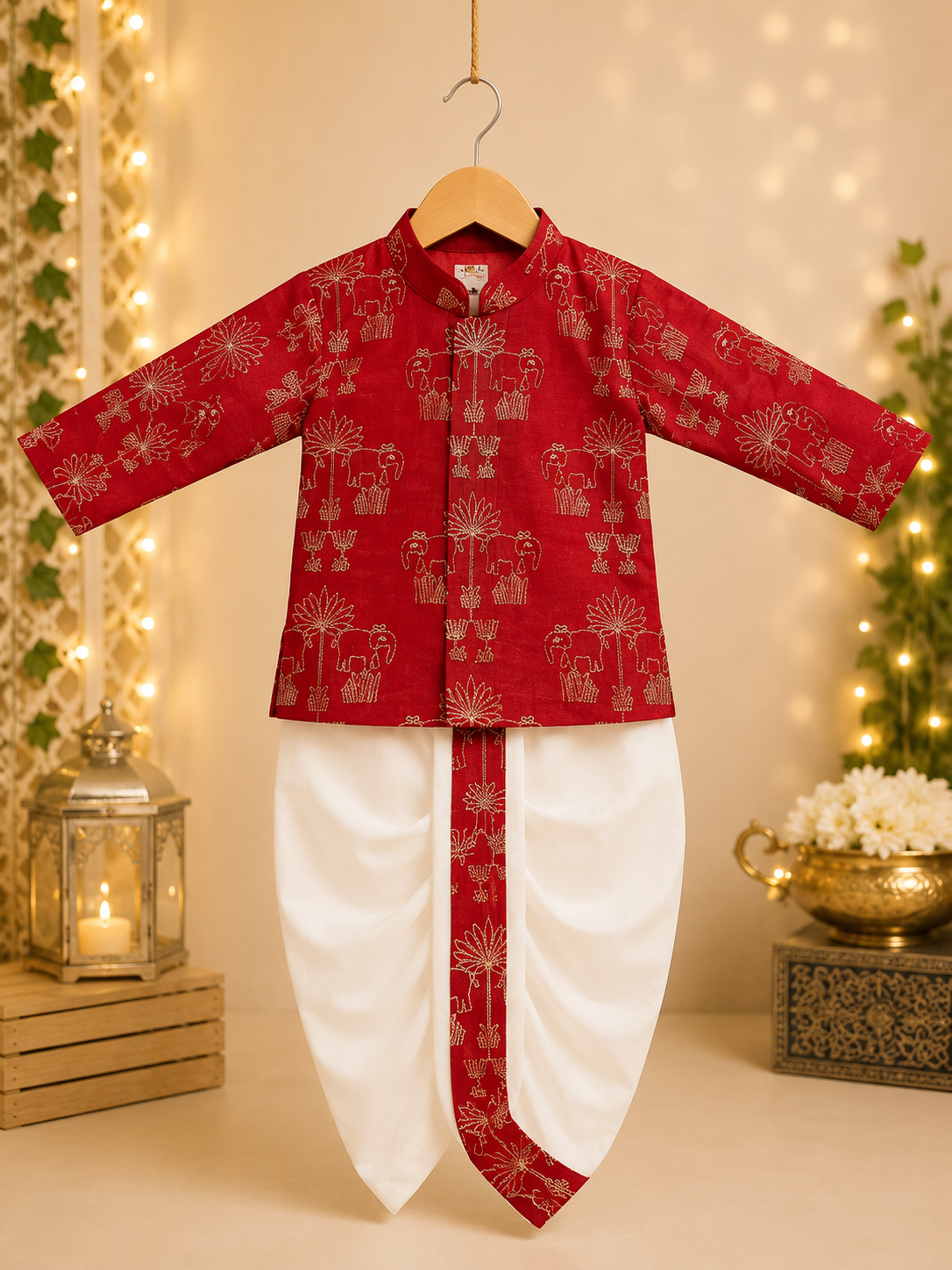 Boys Ruby Red Embroidered Kurta & Dhoti Set with Traditional Elephant Motifs