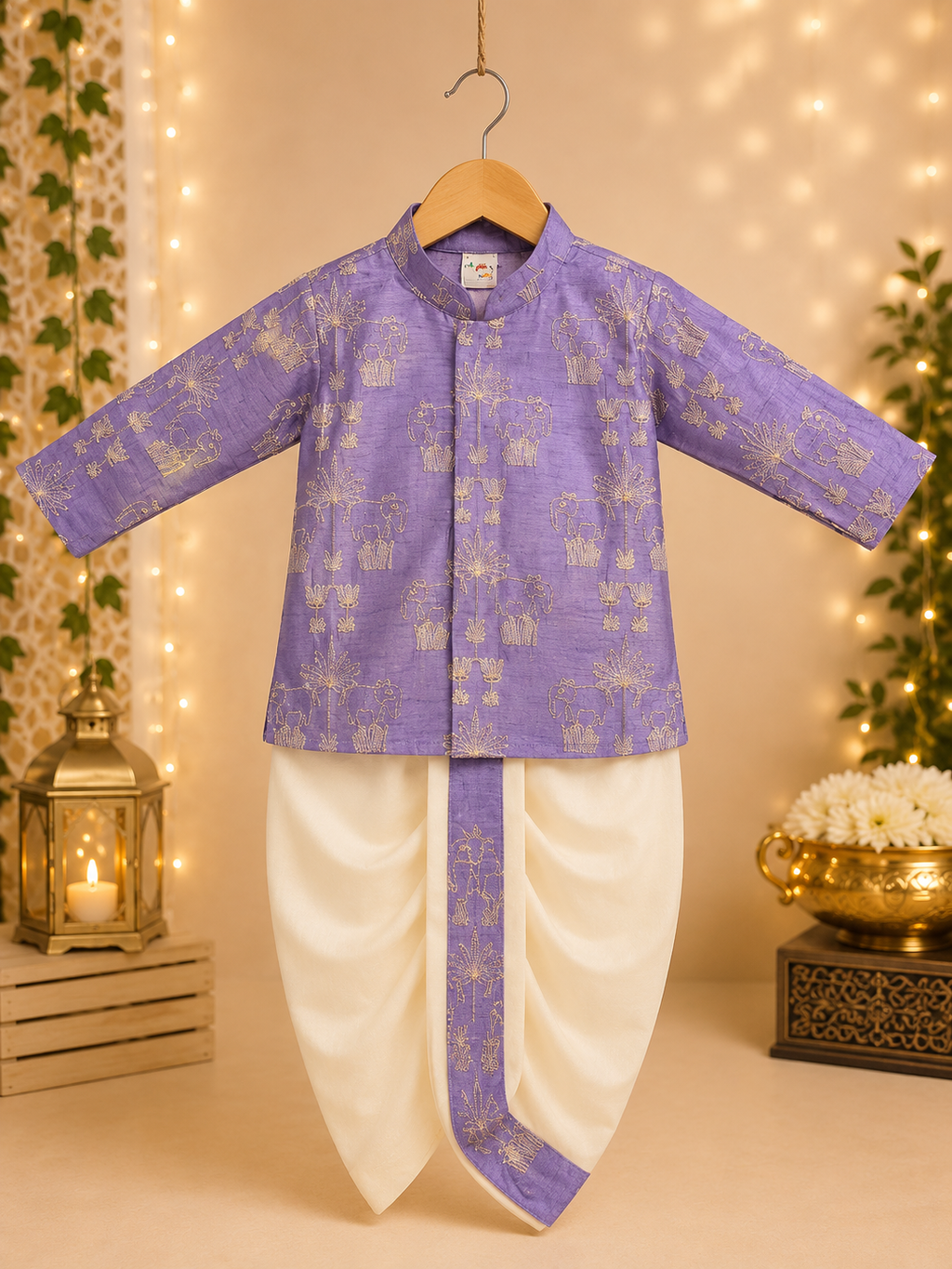 Boys Lavender Embroidered Kurta & Dhoti Set with Elegant Traditional Motifs