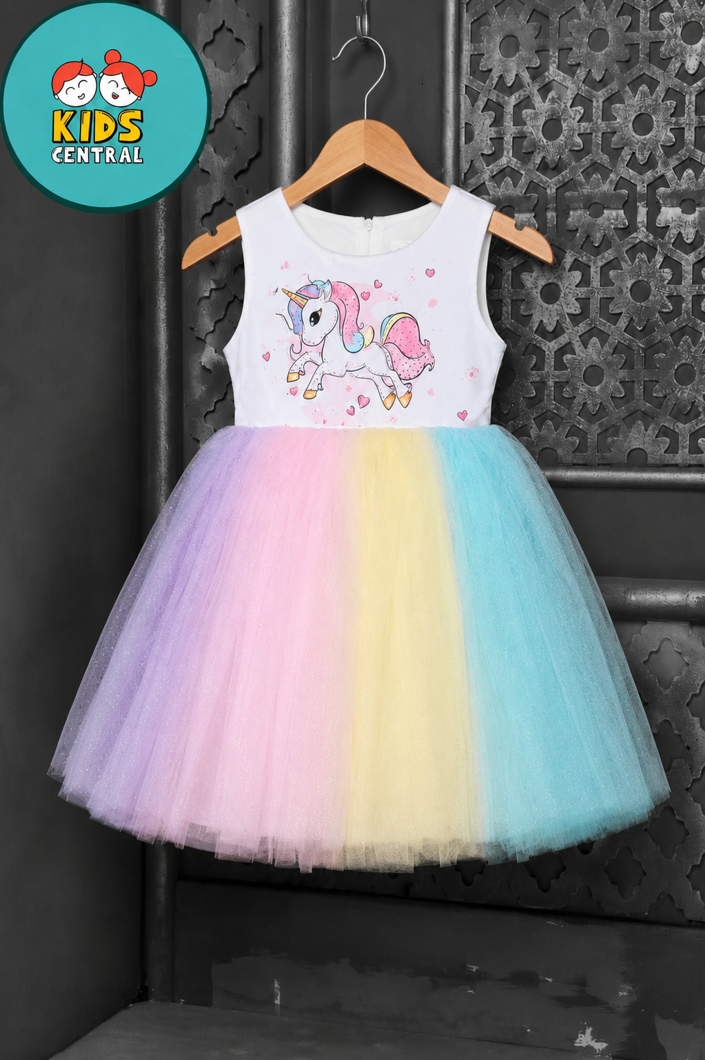 Girls Rainbow Unicorn Tulle Party Dress – Sleeveless Pastel Princess Frock