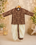 Brown Embroidered Kurta with Cream Dhoti Set for Boys