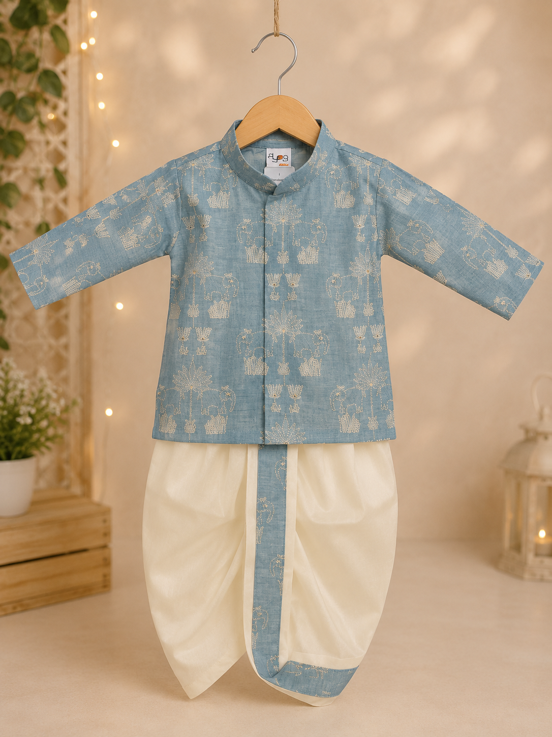 Sky Blue Embroidered Kurta with Cream Dhoti Set for Boys