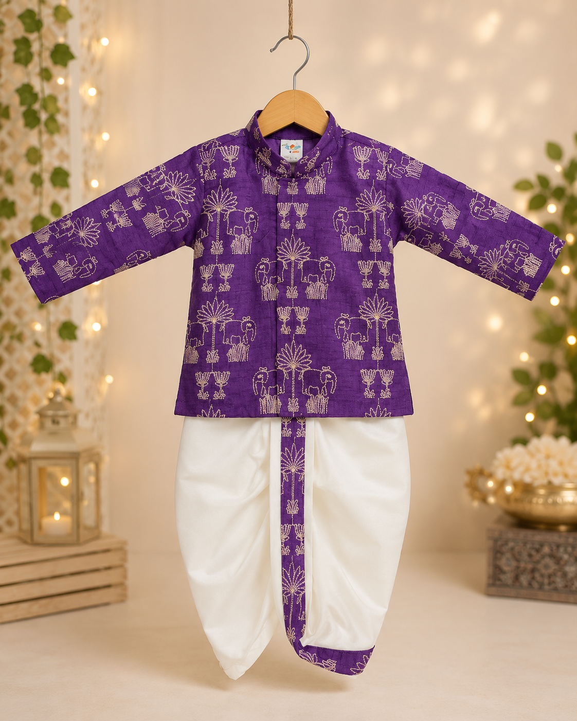 Royal Purple Embroidered Kurta with Cream Dhoti Set for Boys