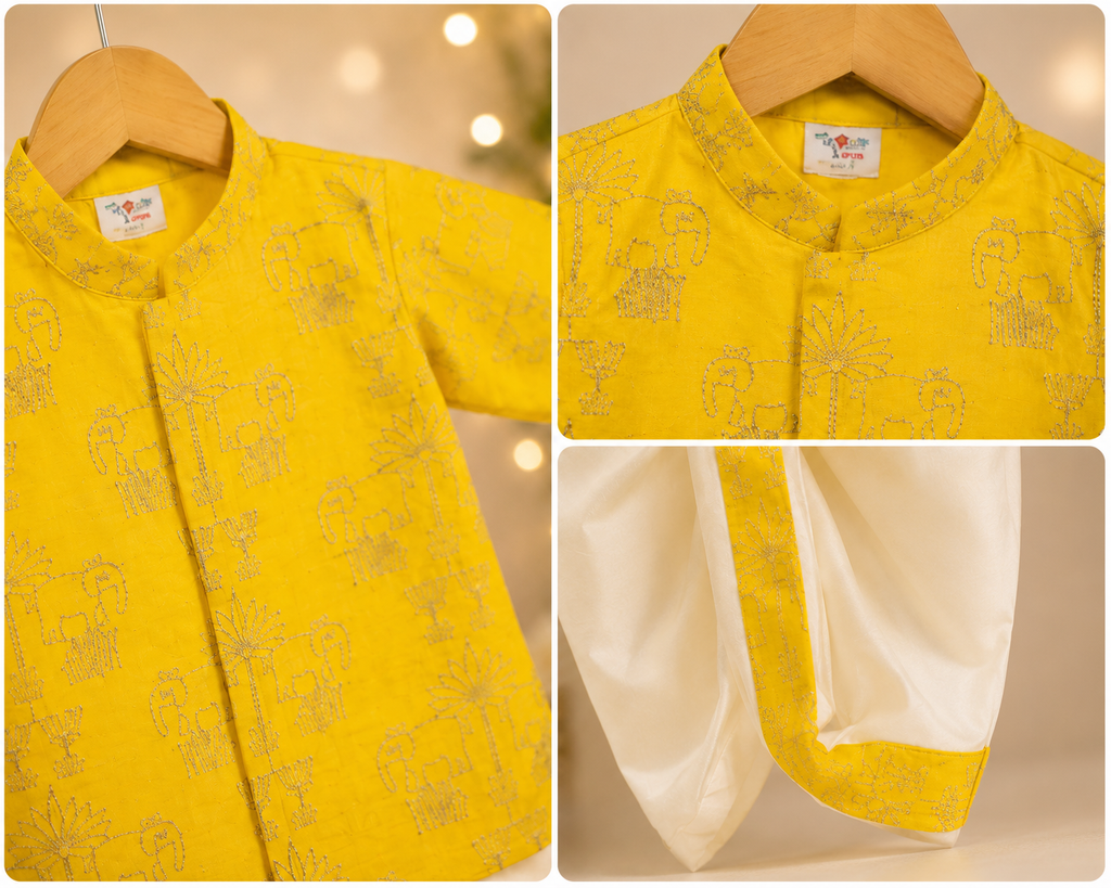 Boys Yellow Embroidered Kurta & Dhoti Set with Intricate Silver Motif Work