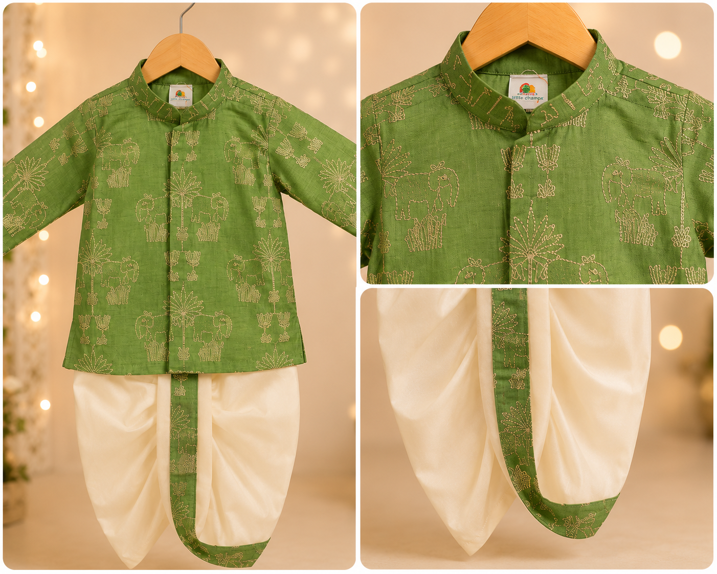 Boys Olive Green Embroidered Kurta & Dhoti Set with Traditional Elephant Motifs