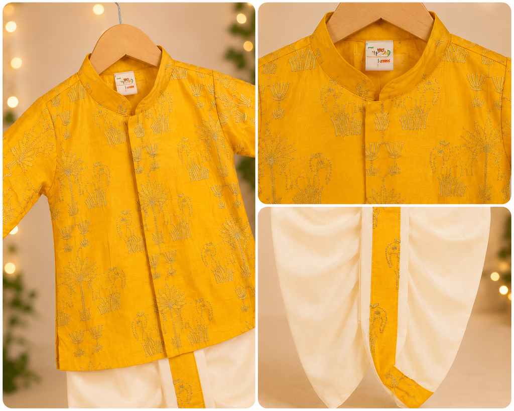 Boys Mustard Yellow Embroidered Kurta & Dhoti Set with Traditional Elephant Motif