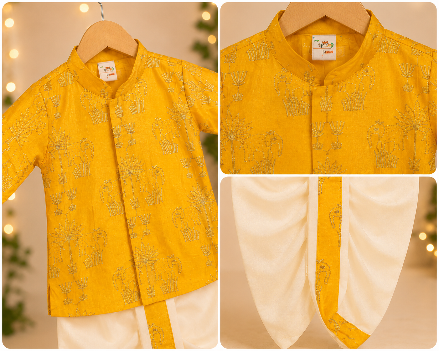 Boys Mustard Yellow Embroidered Kurta & Dhoti Set with Traditional Elephant Motif
