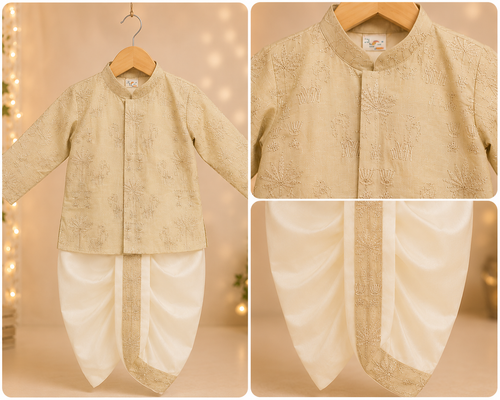 Boys Ivory Embroidered Kurta & Dhoti Set with Elegant Traditional Motifs