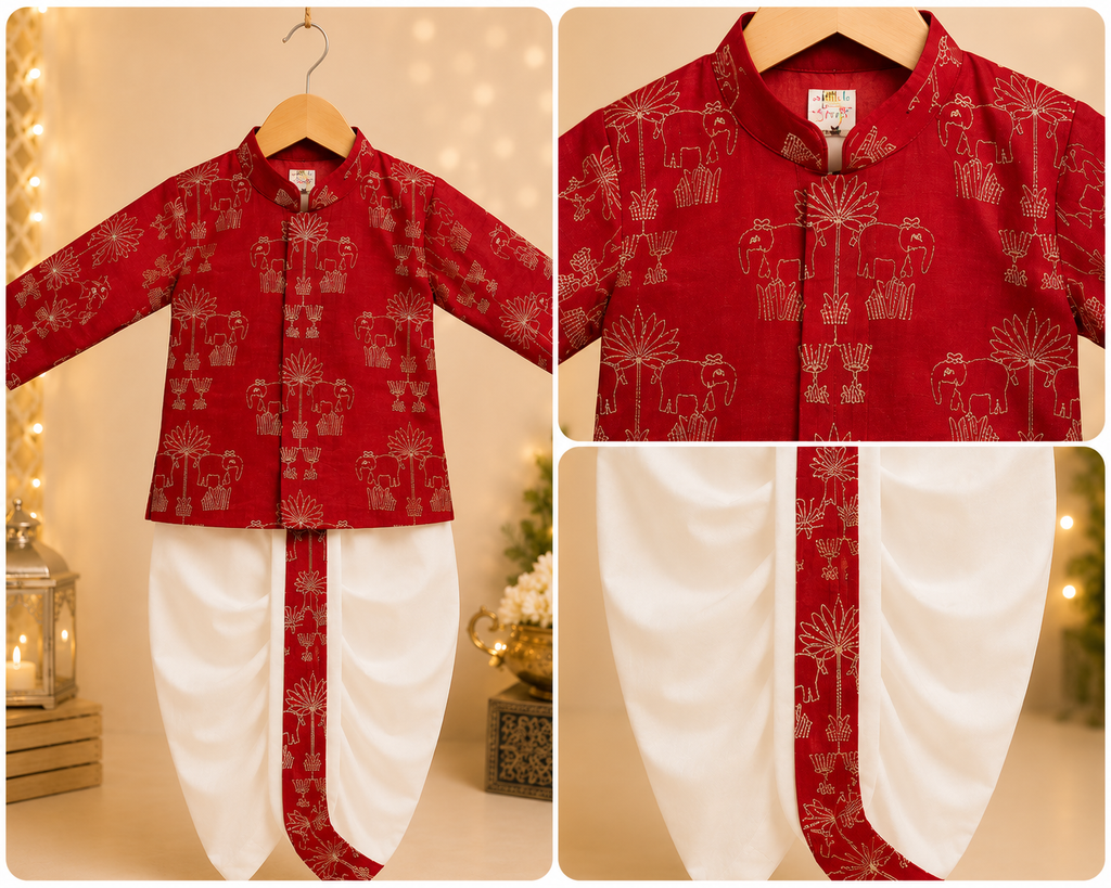 Boys Ruby Red Embroidered Kurta & Dhoti Set with Traditional Elephant Motifs