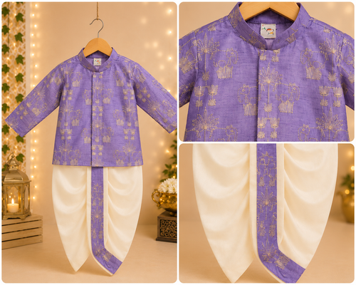 Boys Lavender Embroidered Kurta & Dhoti Set with Elegant Traditional Motifs