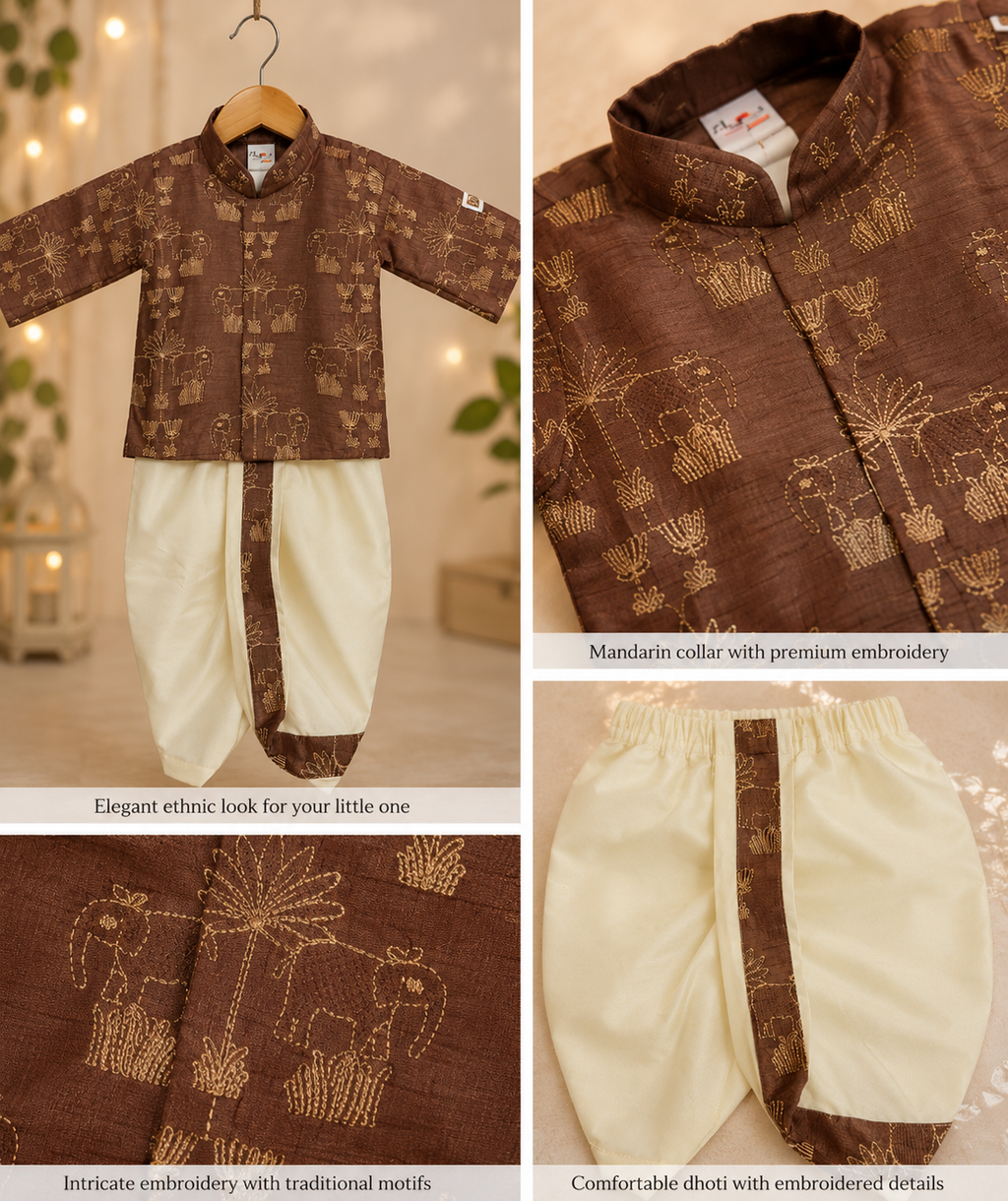 Brown Embroidered Kurta with Cream Dhoti Set for Boys