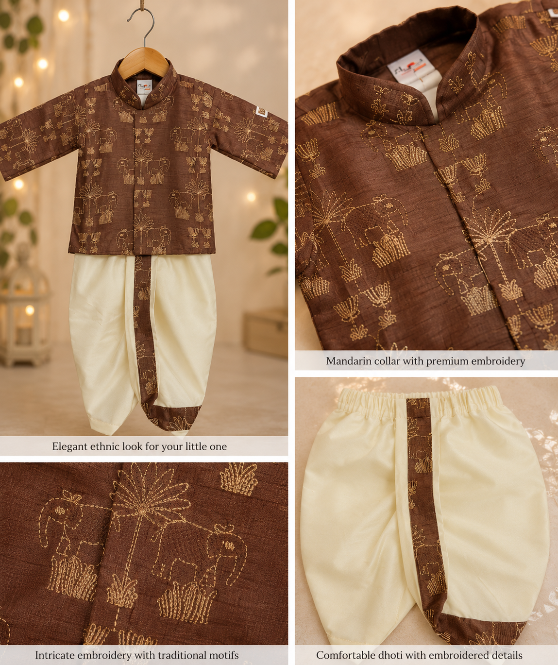Brown Embroidered Kurta with Cream Dhoti Set for Boys