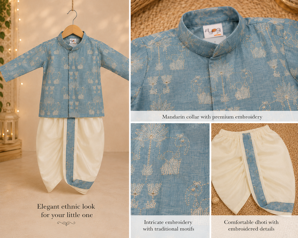 Sky Blue Embroidered Kurta with Cream Dhoti Set for Boys