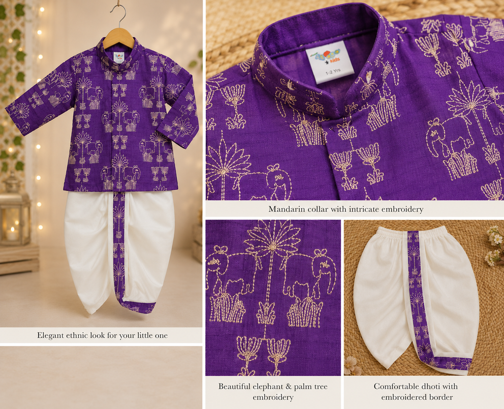 Royal Purple Embroidered Kurta with Cream Dhoti Set for Boys