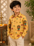 Boys’ Beige Ethnic Print Full Sleeve Party Shirt | Traditional Festive Wear