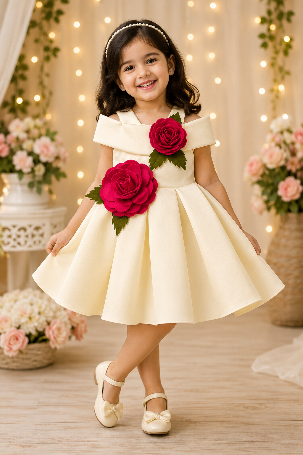 Girls’ Elegant Ivory Party Dress with 3D Rose Appliqué | Premium Satin Frock for Birthday, Wedding & Special Occasions